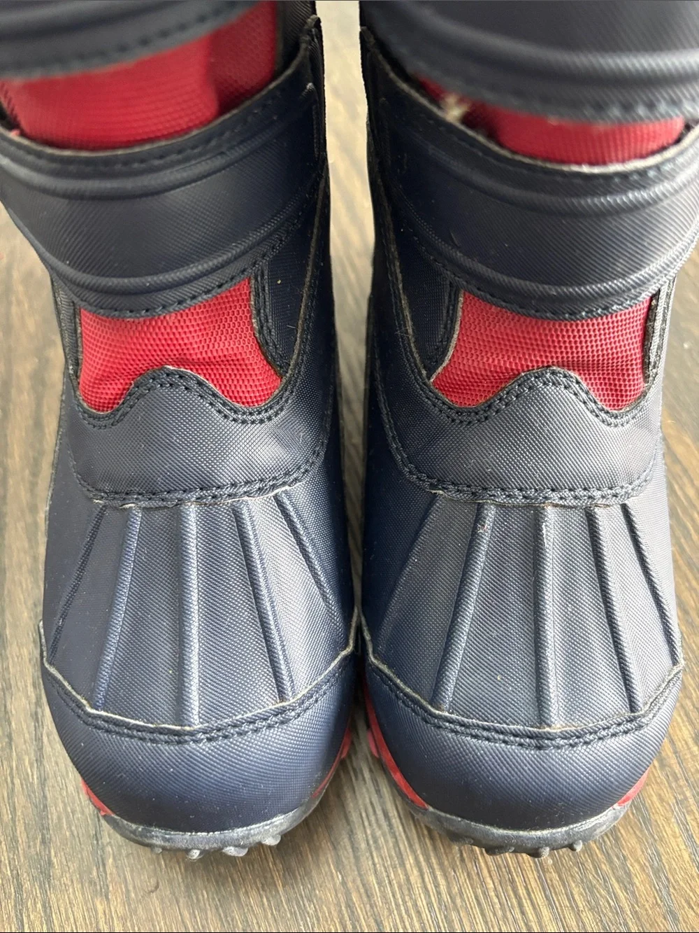 LL Bean kids snow boots, red/navy, velcro closures, size 12